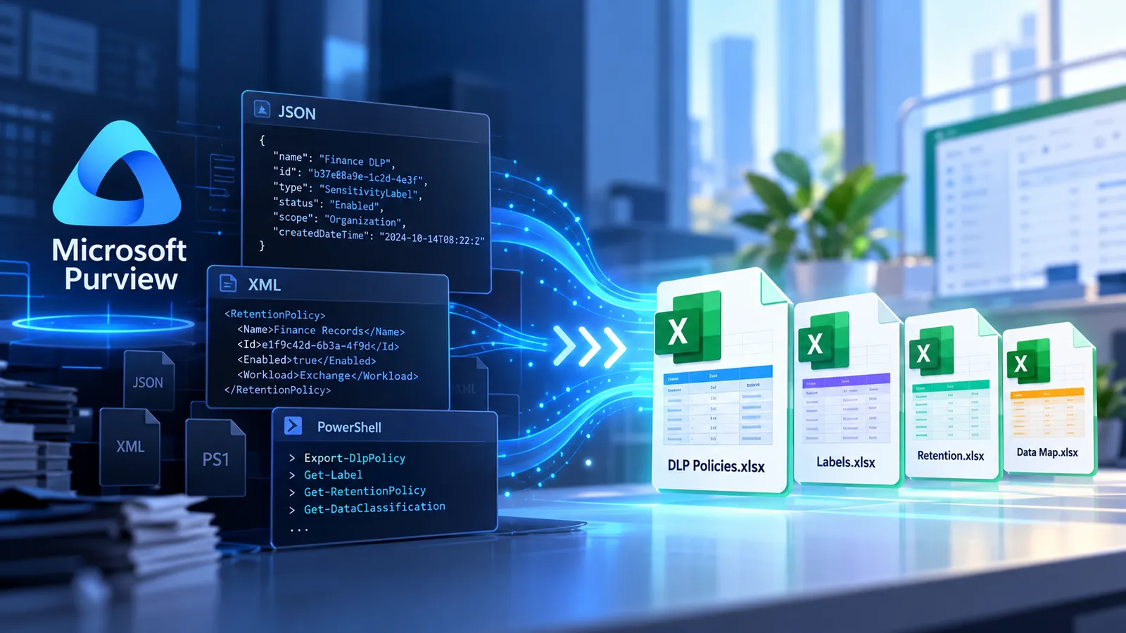 Purview logo alongside a stack of Excel workbook icons, or a “before/after” of raw JSON vs a formatted spreadsheet